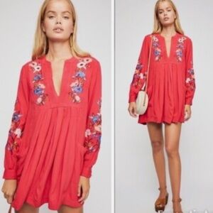 FREE PEOPLE Mia Embroidered Gauze Dress Floral Pocket White V Neck dress